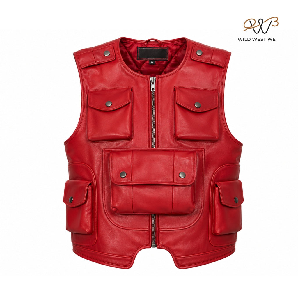 Men’s Red Tactical Leather Vest with Utility Pockets