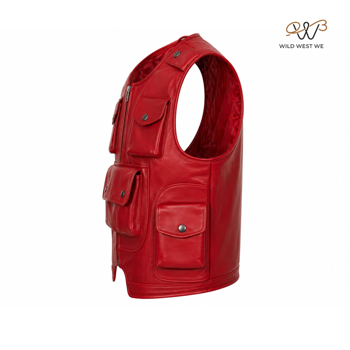 Men’s Red Tactical Leather Vest with Utility Pockets