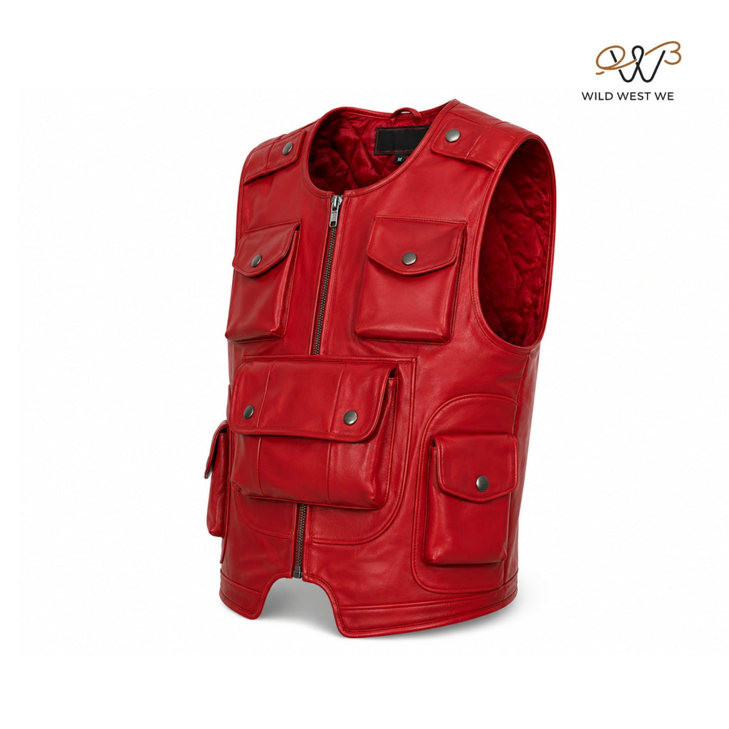 Men’s Red Tactical Leather Vest with Utility Pockets