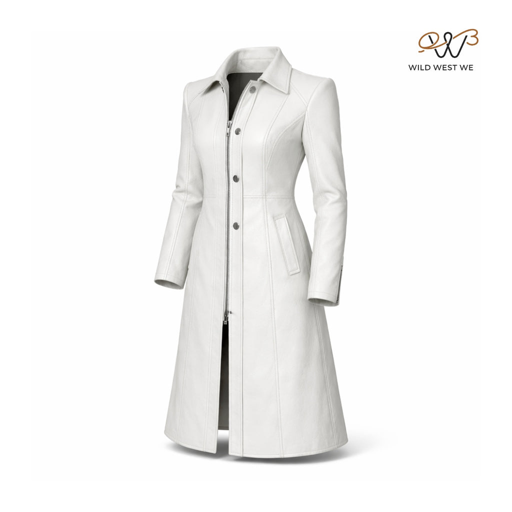 Women’s White Long Leather Coat