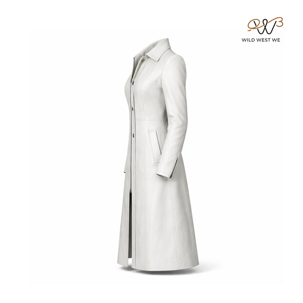 Women’s White Long Leather Coat