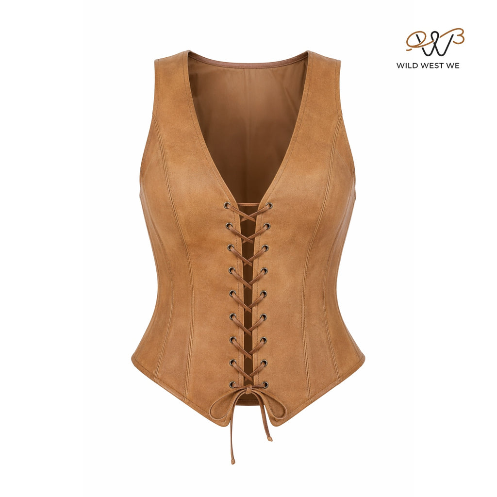 Women’s Tan Leather Lace-Up Corset Vest