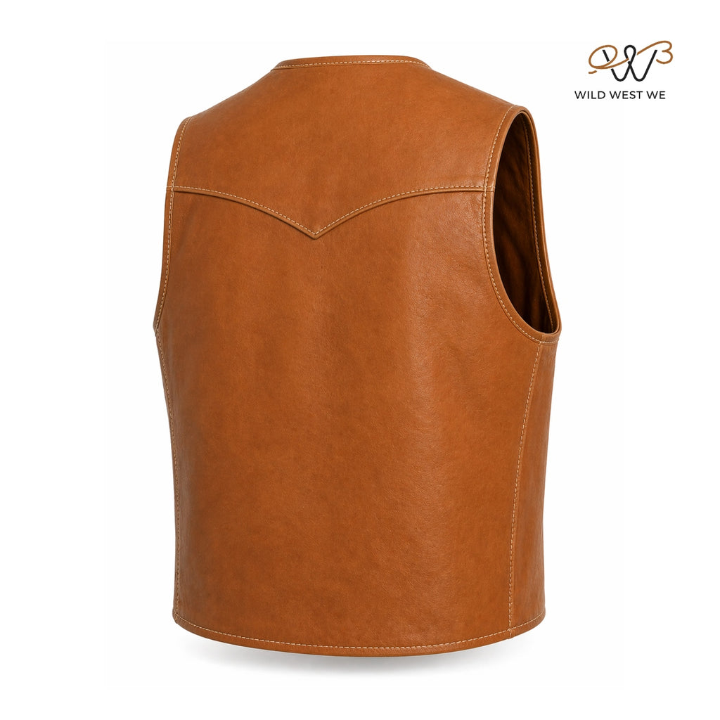 Men’s Tan Leather Western Vest with Snap Button Closure
