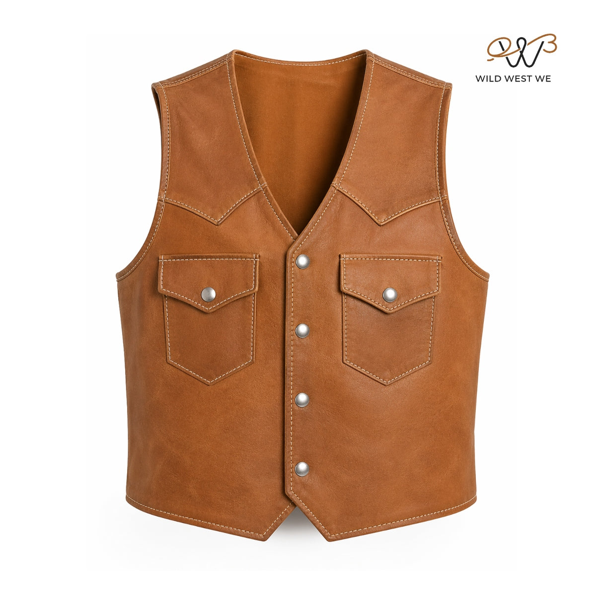 Men’s Tan Leather Western Vest with Snap Button Closure