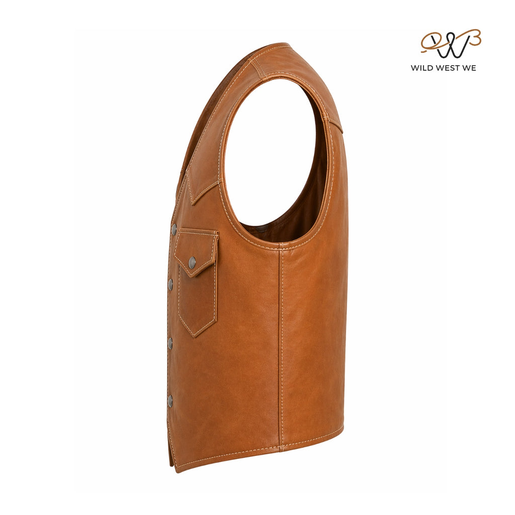 Men’s Tan Leather Western Vest with Snap Button Closure