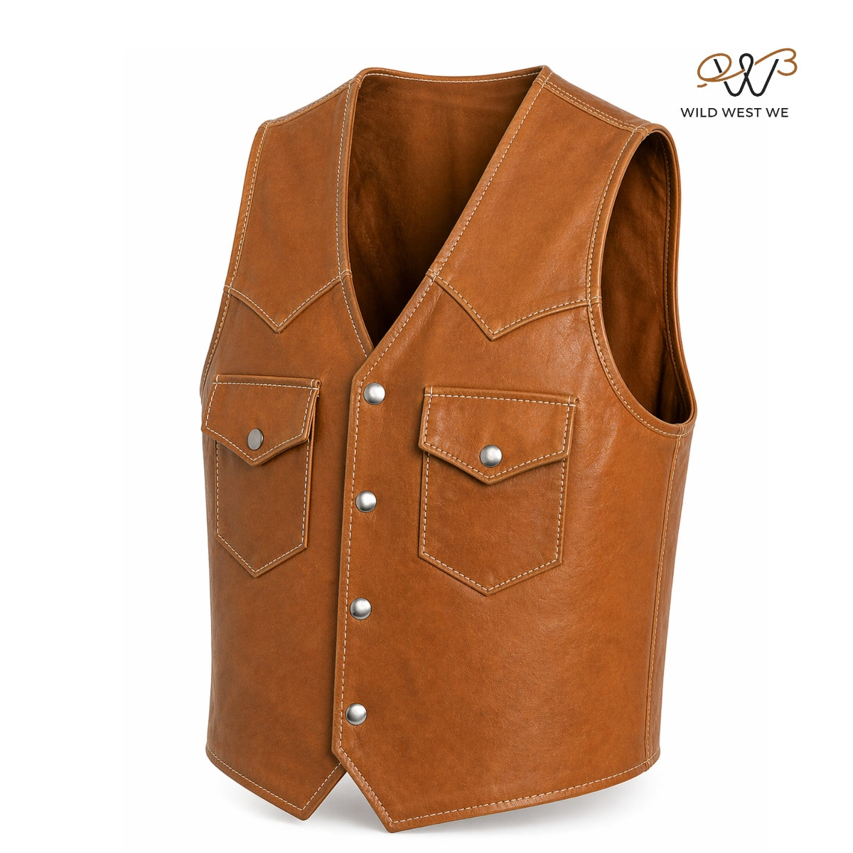 Men’s Tan Leather Western Vest with Snap Button Closure