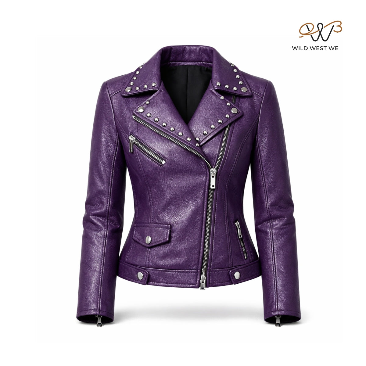 Women’s Purple Studded Biker Leather Jacket