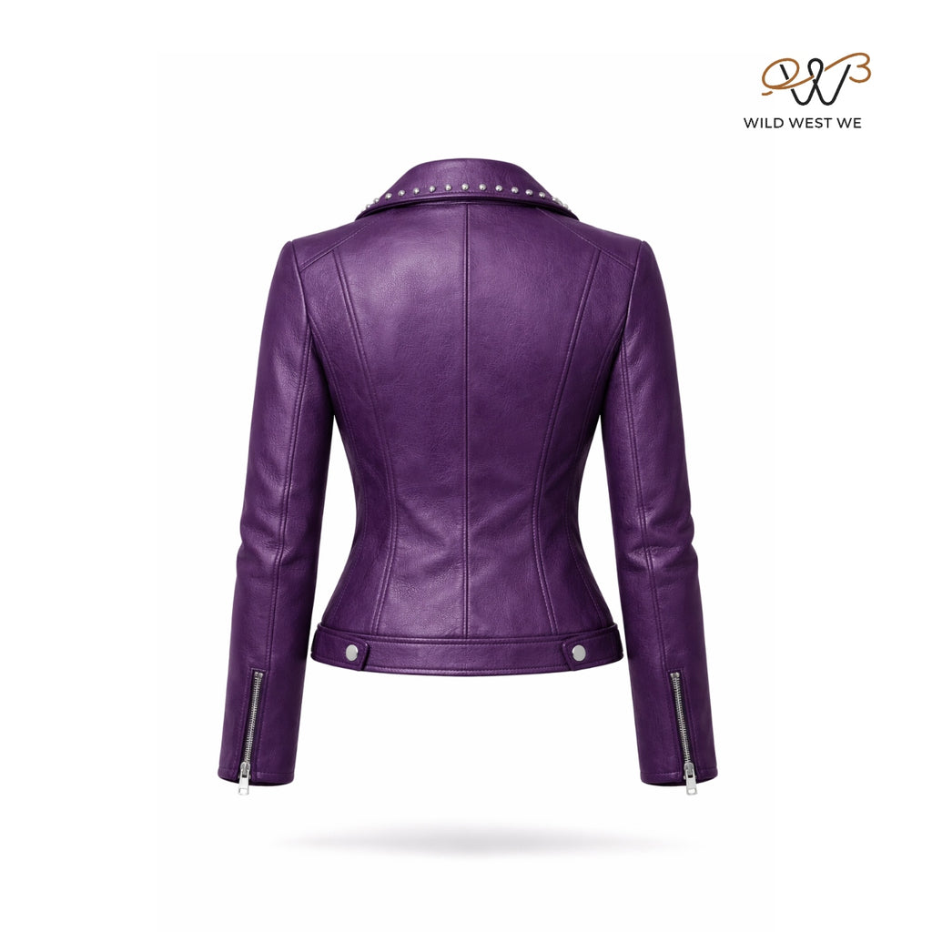 Women’s Purple Studded Biker Leather Jacket
