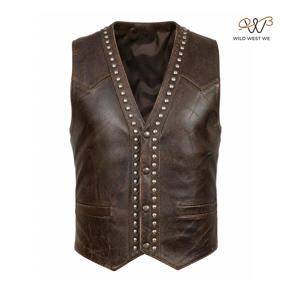 Men’s Vintage Brown Studded Western Leather Vest