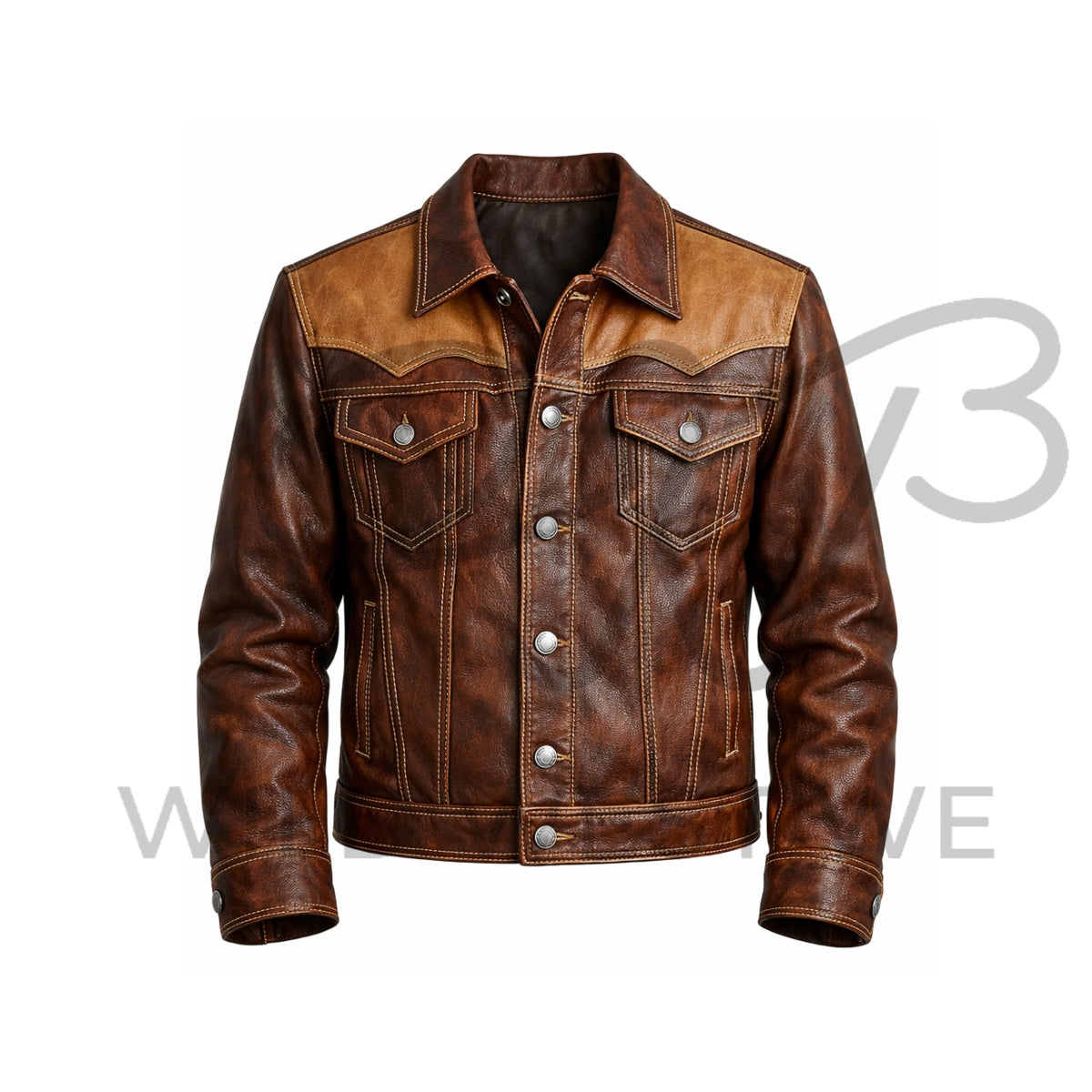 Men’s Western Contrast Yoke Leather Jacket