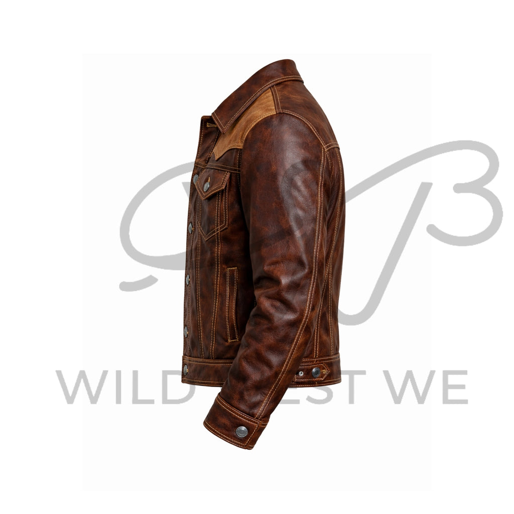 Men’s Western Contrast Yoke Leather Jacket