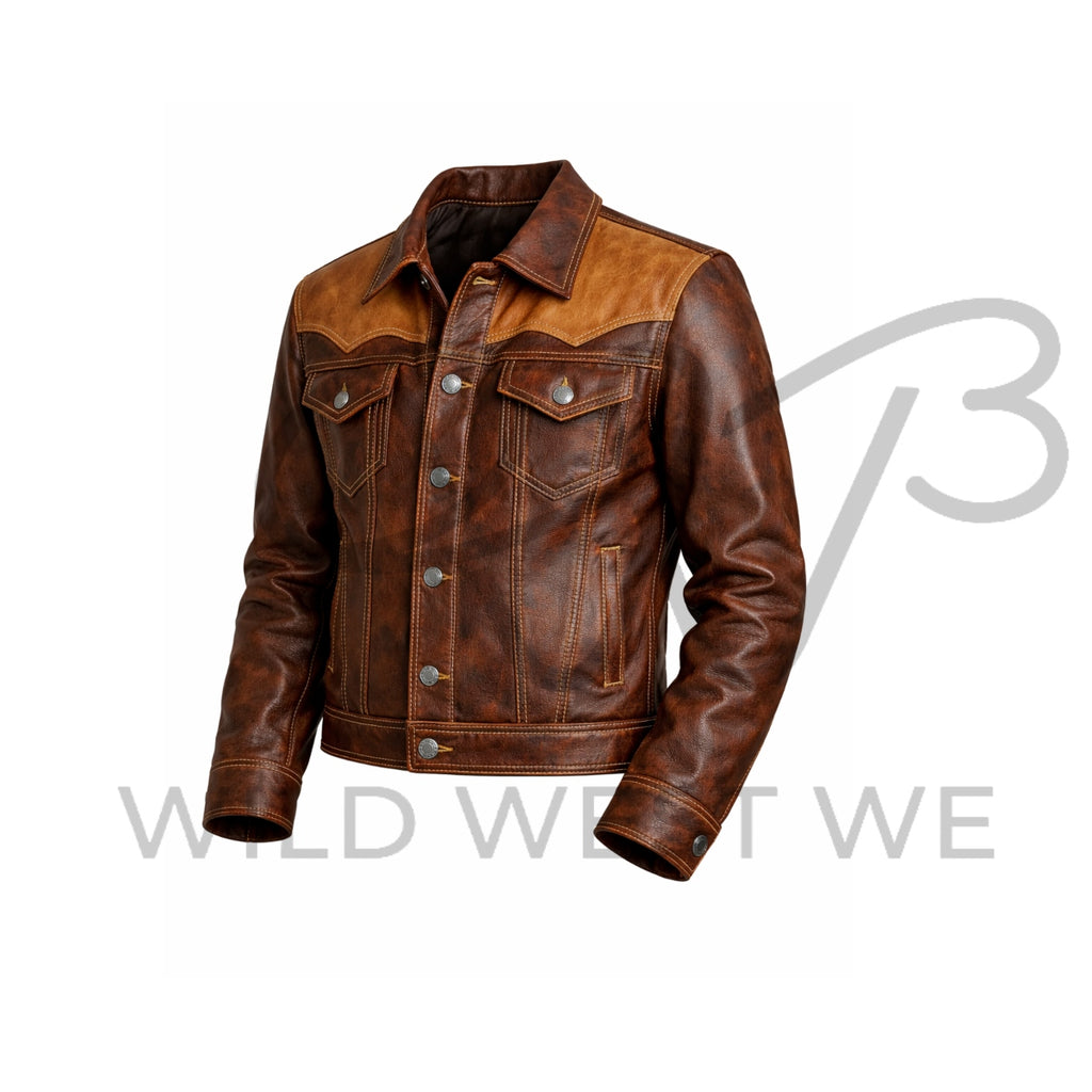 Men’s Western Contrast Yoke Leather Jacket