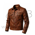 Men’s Brown Western Leather Trucker Jacket 