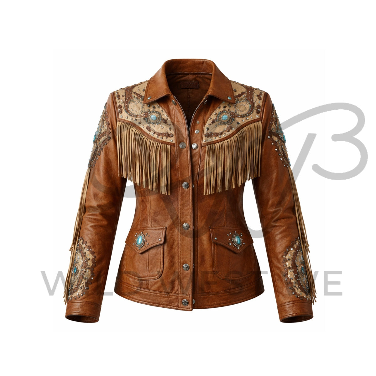 Women’s Turquoise Fringe Western Leather Jacket