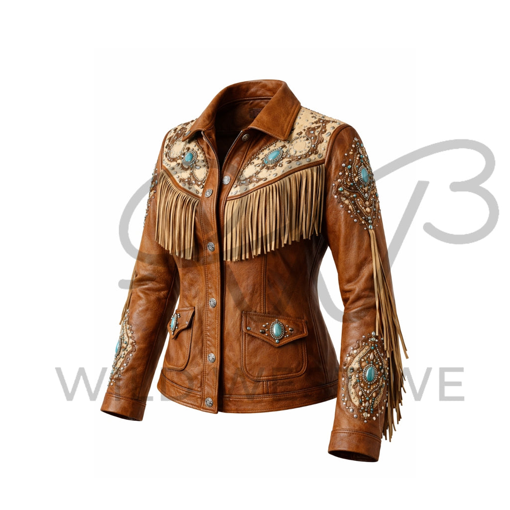 Women’s Turquoise Fringe Western Leather Jacket