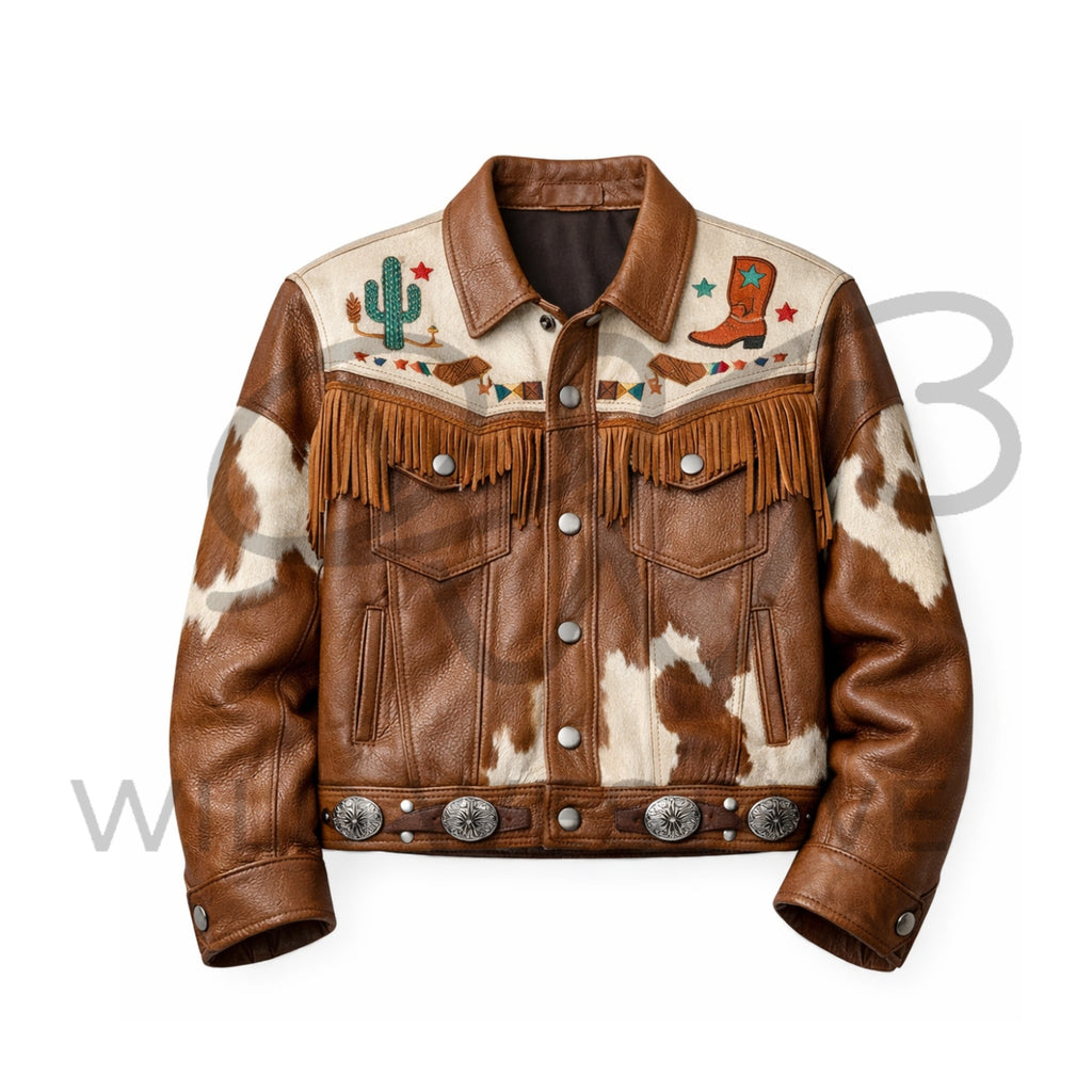 Men’s Western Festival Leather Jacket with Fringe and Cowhide Panels