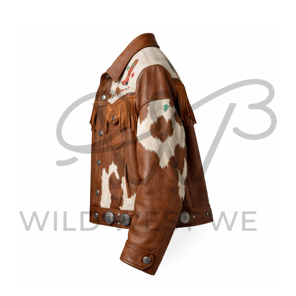 Men’s Western Festival Leather Jacket with Fringe and Cowhide Panels