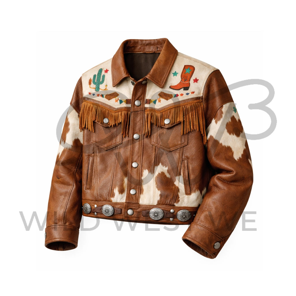 Men’s Western Festival Leather Jacket with Fringe and Cowhide Panels