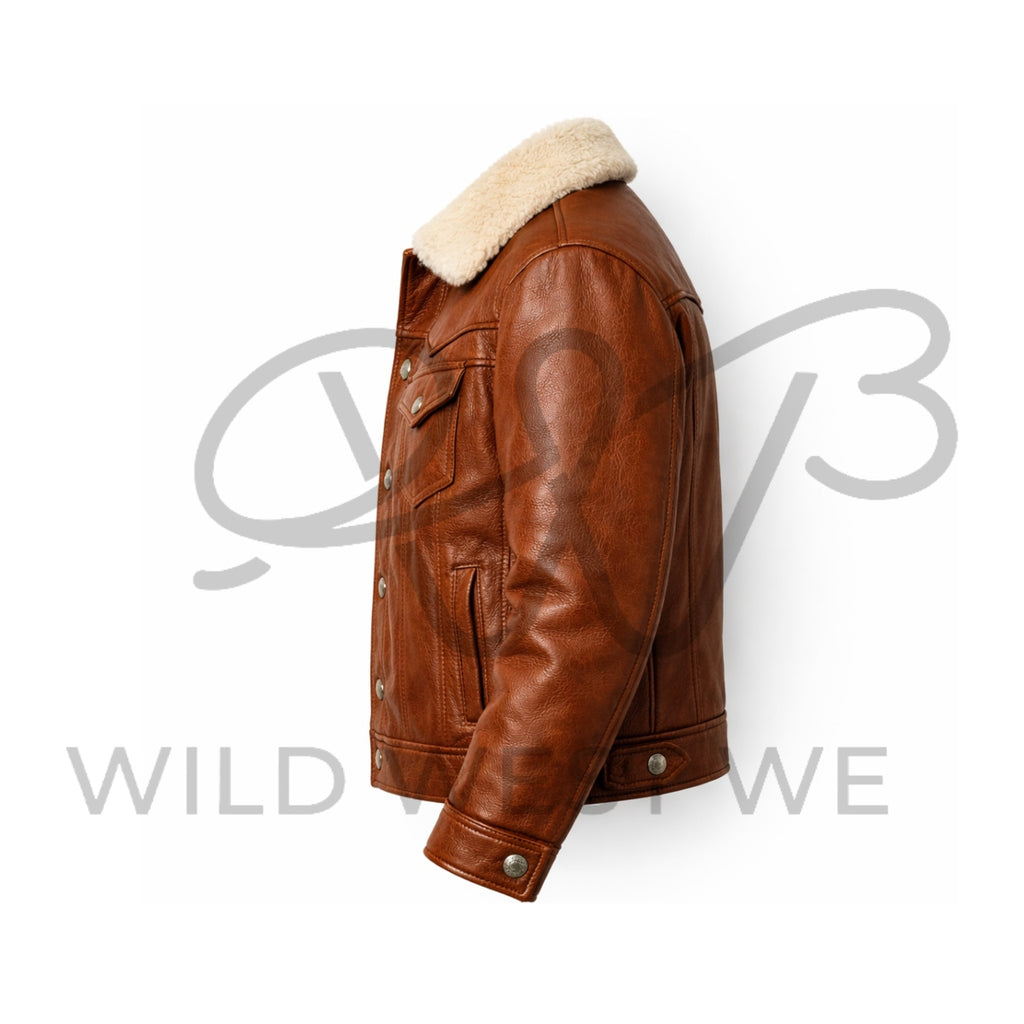 Men’s Western Shearling Collar Leather Jacket