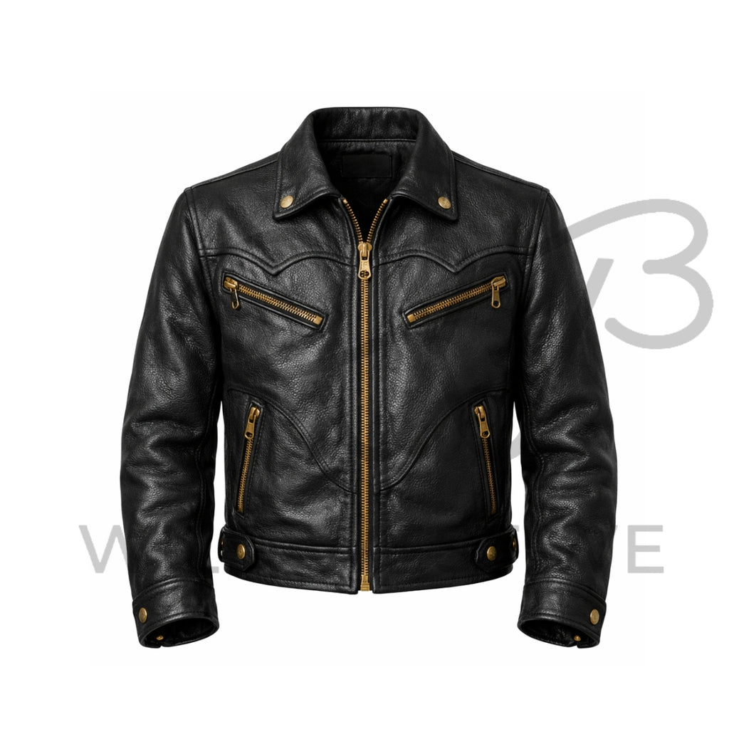 Men’s Western Leather Jacket with Antique Brass Hardware