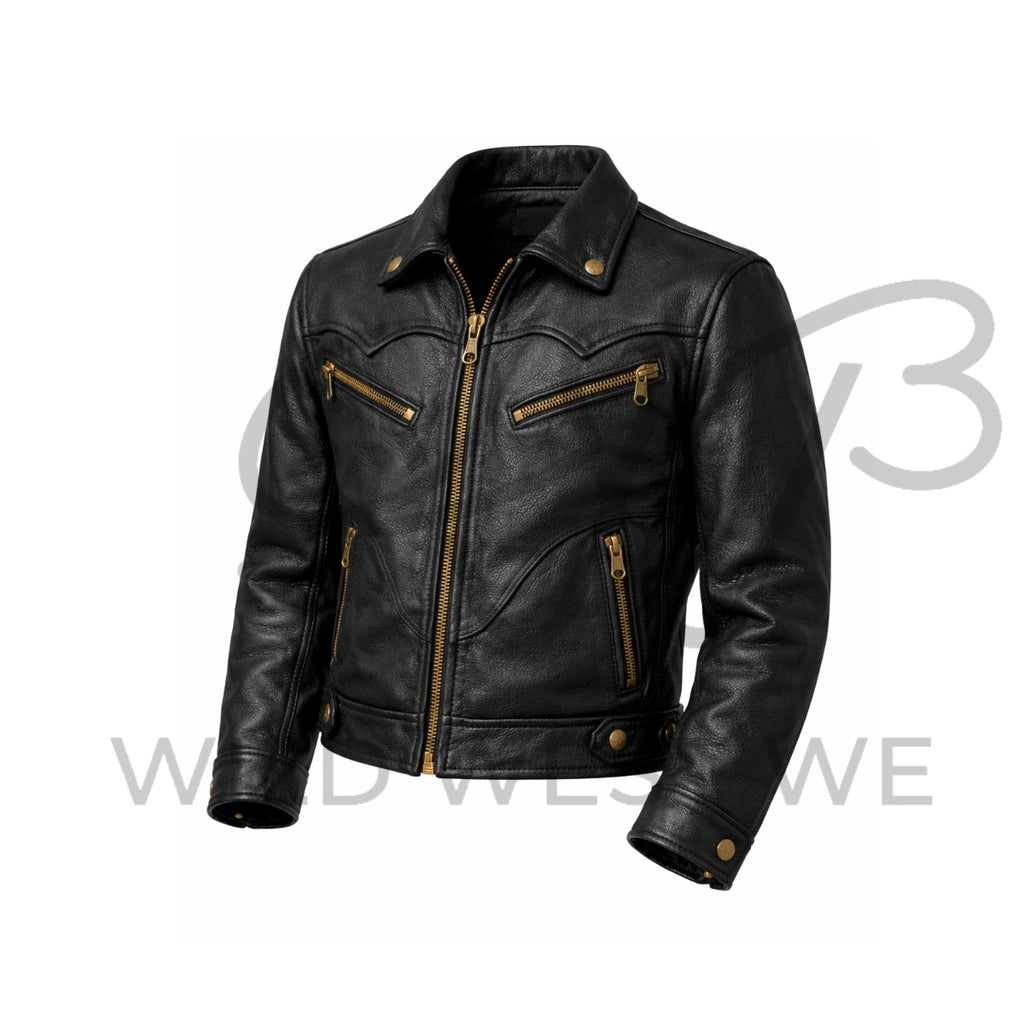 Men’s Western Leather Jacket with Antique Brass Hardware