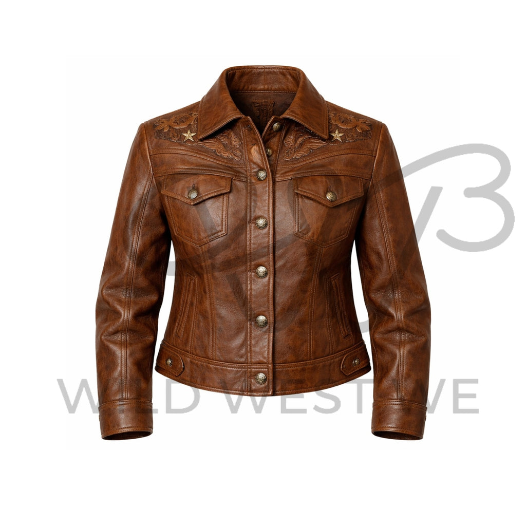 Women’s Western Embossed Panel Leather Jacket