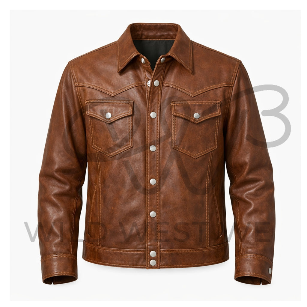 Men’s Brown Western Shirt Style Leather Jacke