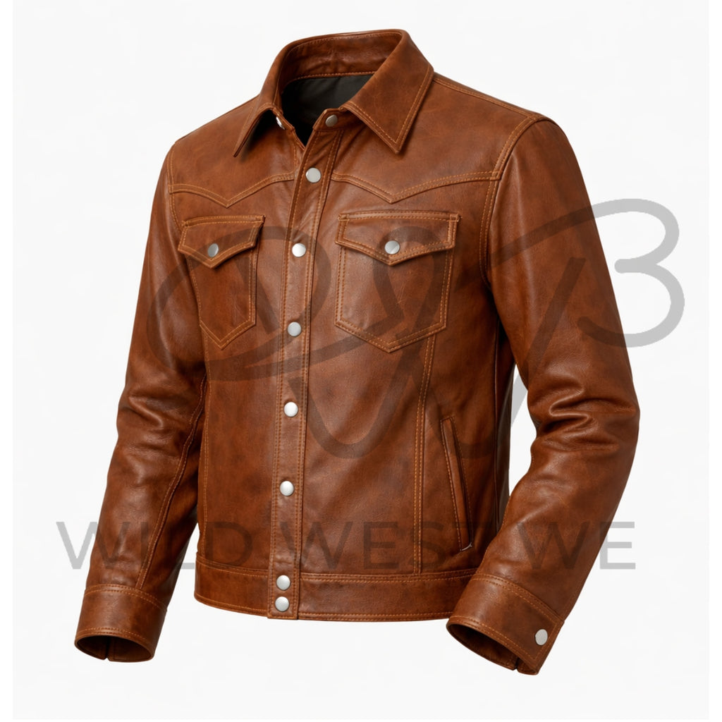 Men’s Brown Western Shirt Style Leather Jacke