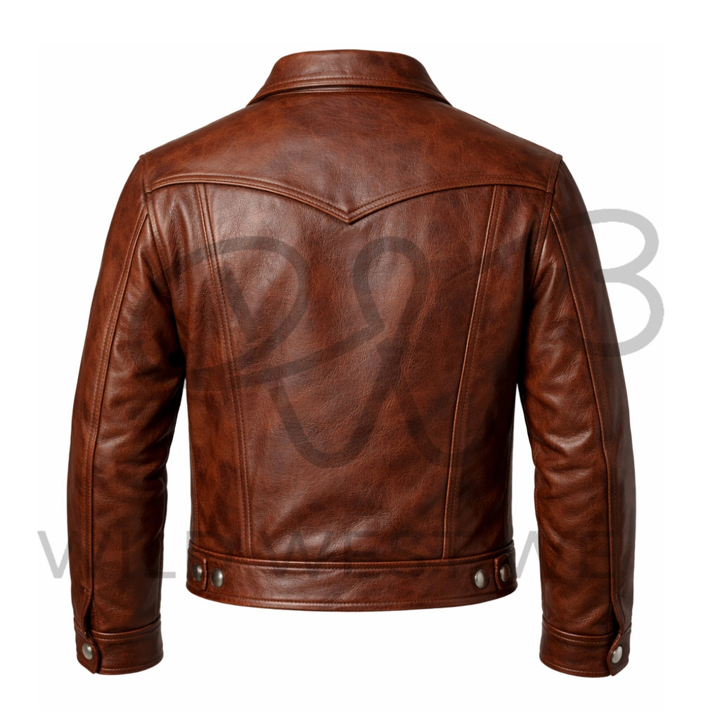 Men’s Brown Western Snap Button Leather Jacket