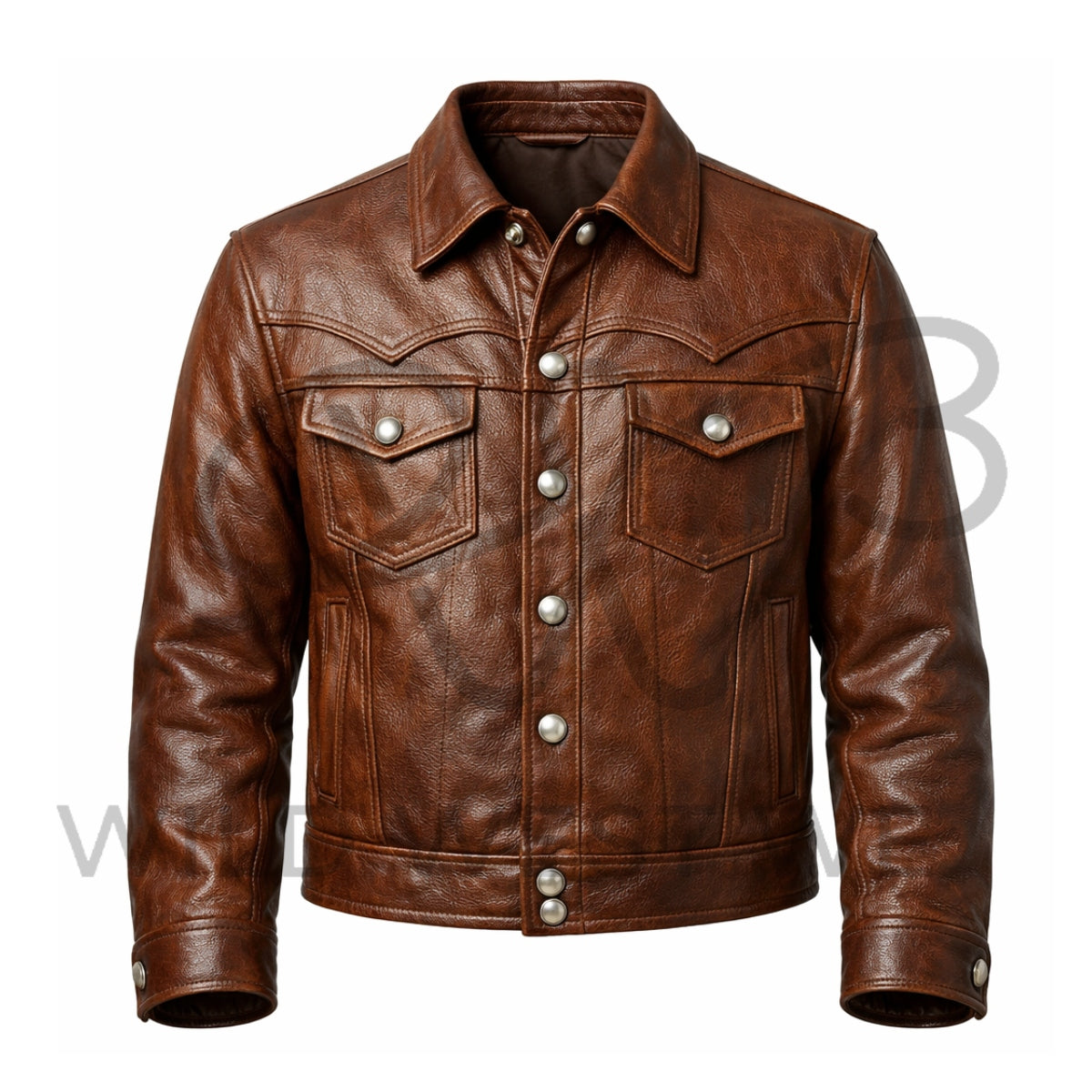 Men’s Brown Western Snap Button Leather Jacket