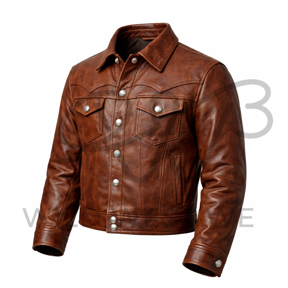 Men’s Brown Western Snap Button Leather Jacket