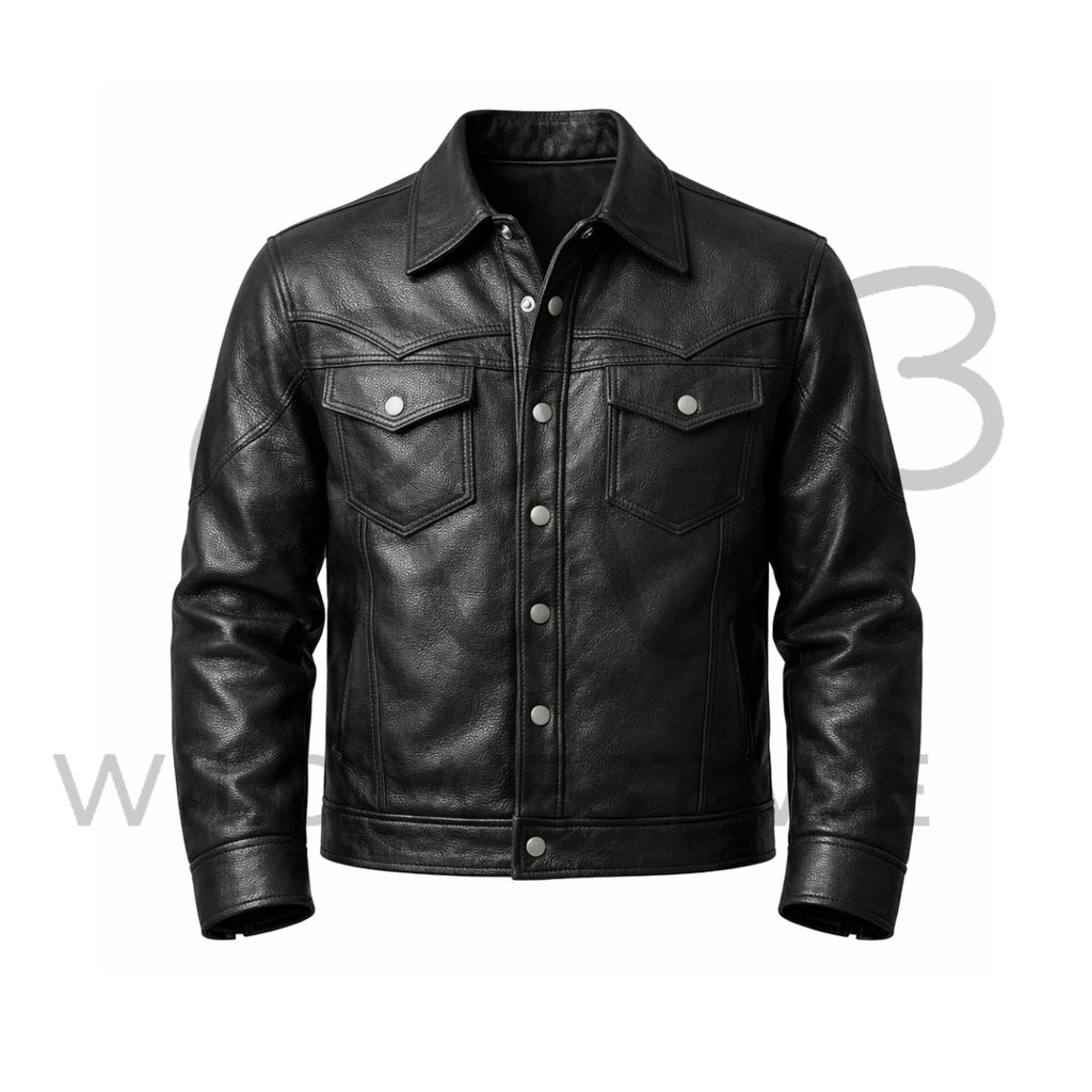 Men’s Black Western Leather Trucker Jacket