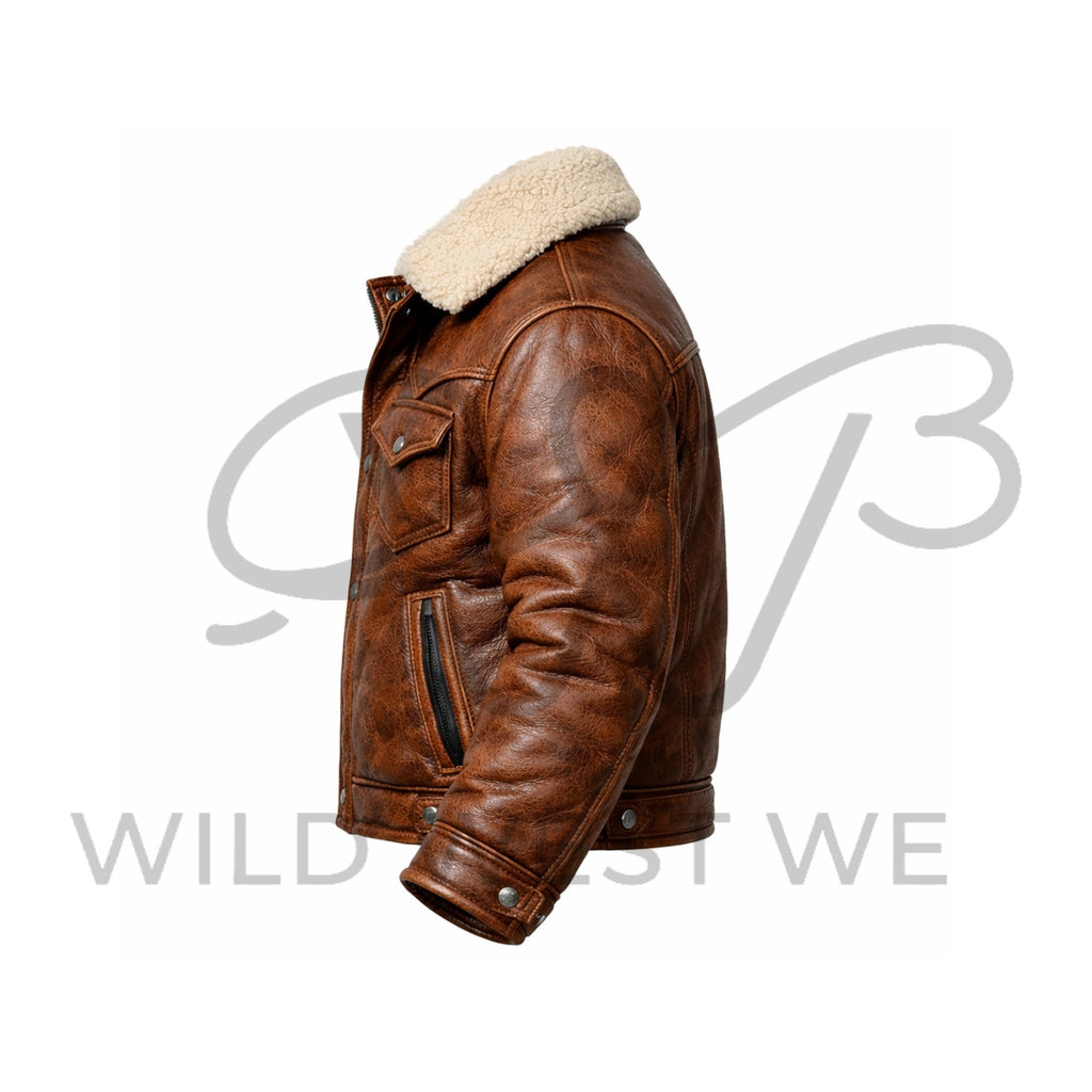 Men’s Western Shearling Collar Leather Jacket