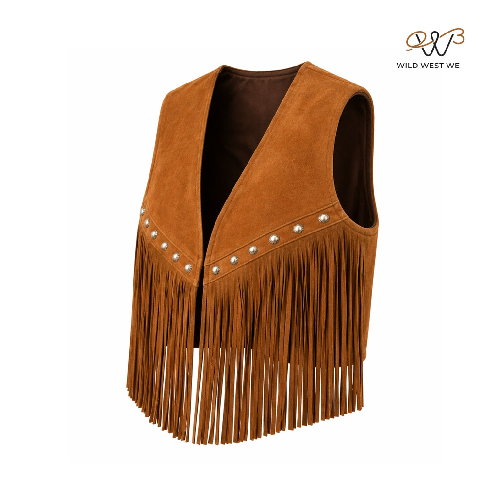 Men’s Cropped Western Suede Fringe Vest with Concho Detail