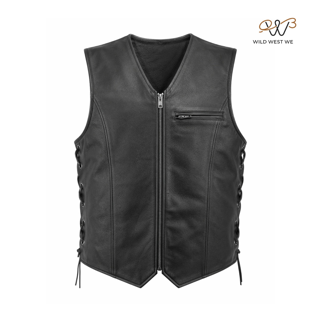 Men’s Black Biker Style Leather Vest Minimal Zip