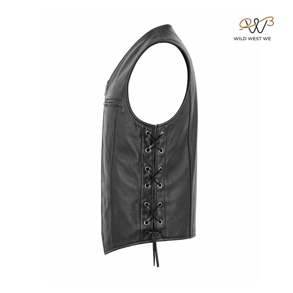 Men’s Black Biker Style Leather Vest Minimal Zip