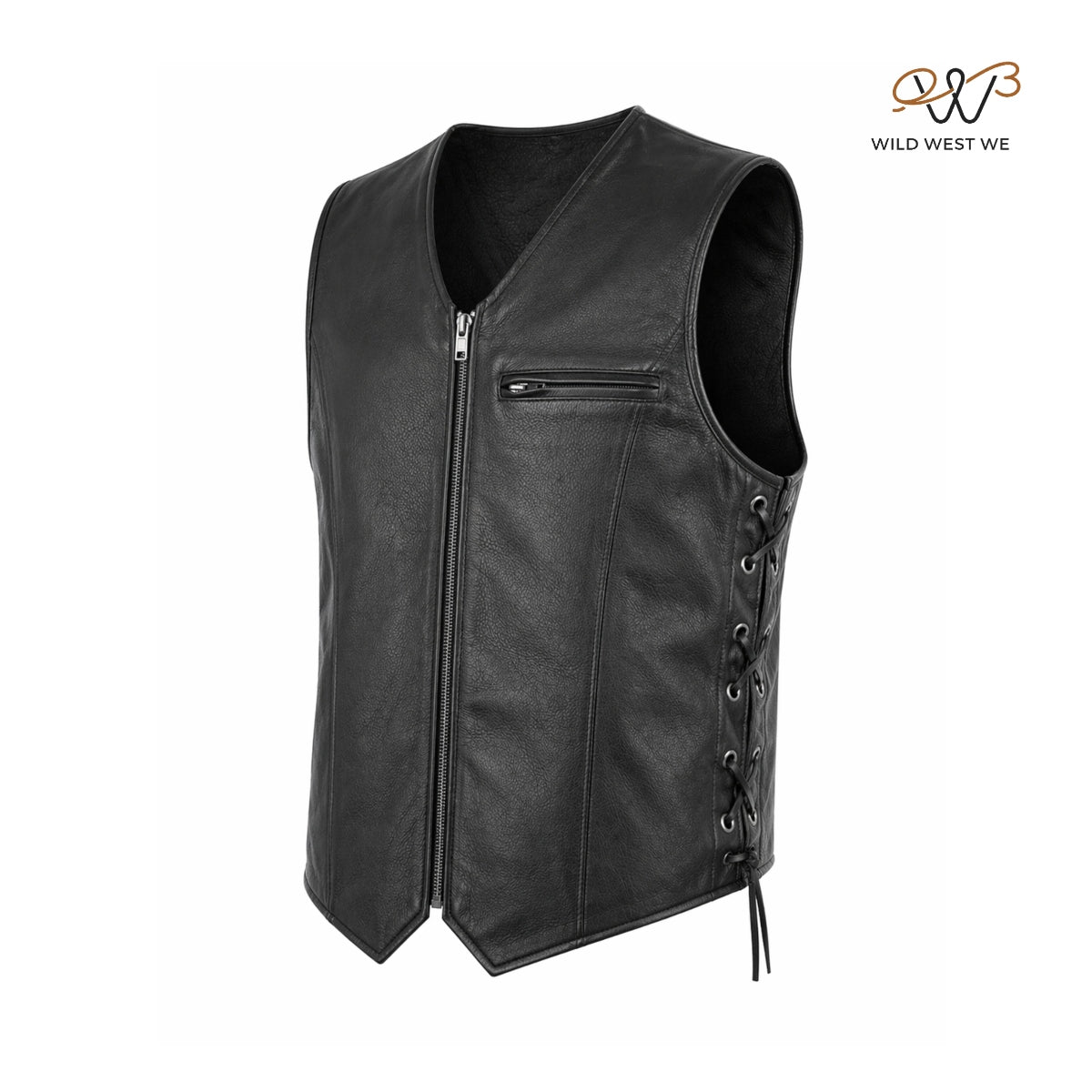 Men’s Black Biker Style Leather Vest Minimal Zip