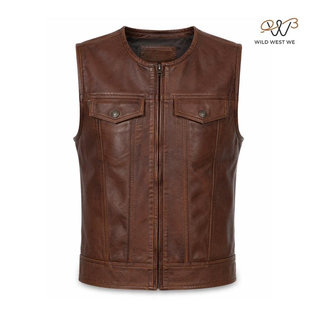 Men’s Brown Biker Style Utility Leather Vest