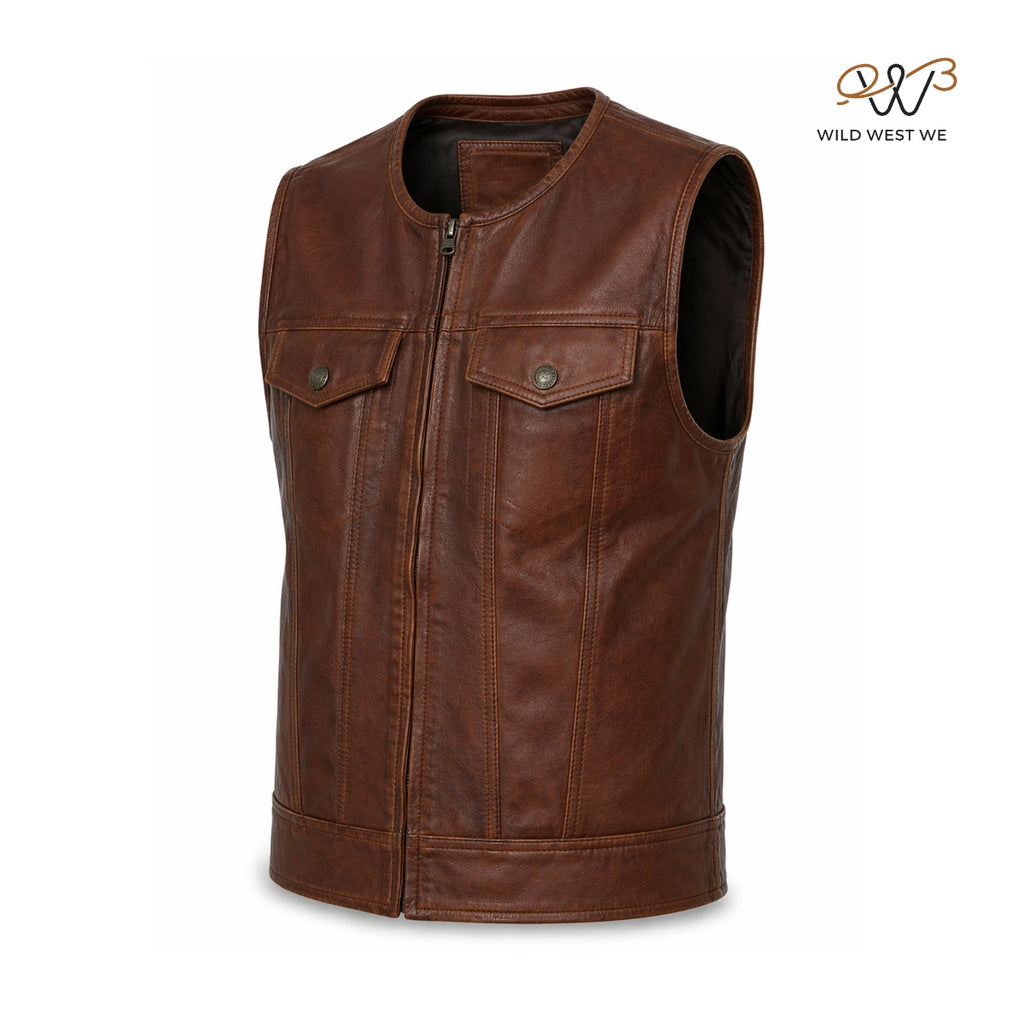 Men’s Brown Biker Style Utility Leather Vest
