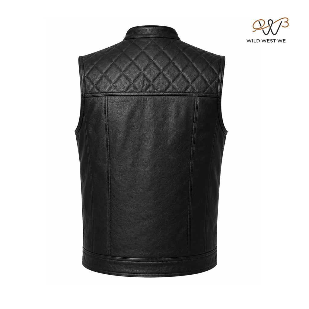 Men’s Black Quilted Shoulder Biker Leather Vest