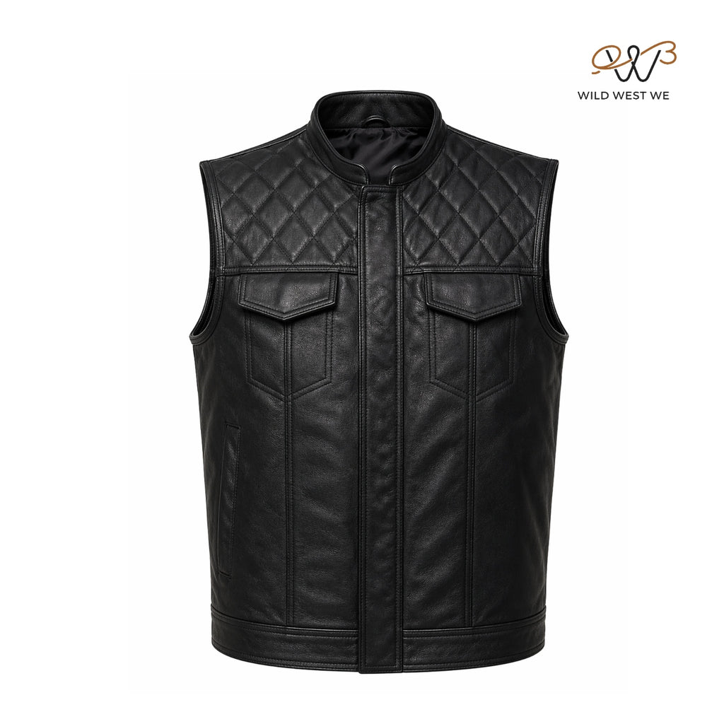 Men’s Black Quilted Shoulder Biker Leather Vest