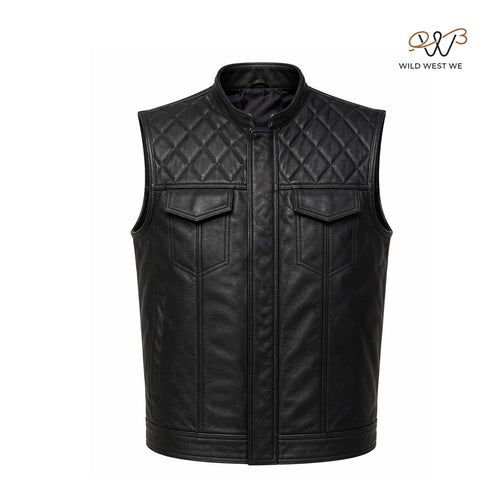 Men’s Black Quilted Shoulder Biker Leather Vest