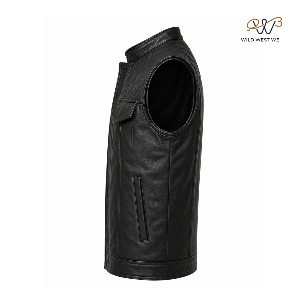 Men’s Black Quilted Shoulder Biker Leather Vest