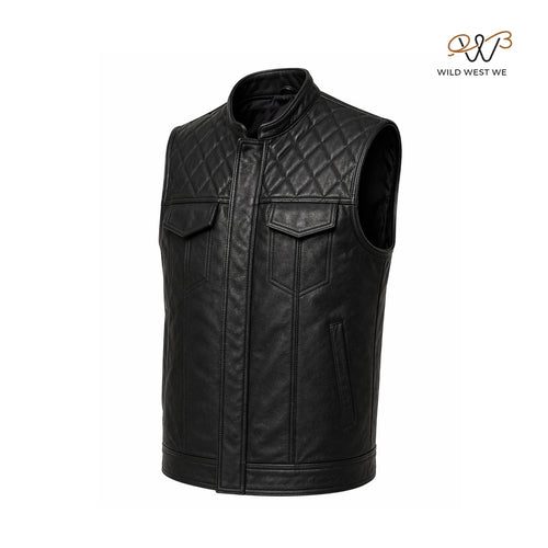 Men’s Black Quilted Shoulder Biker Leather Vest