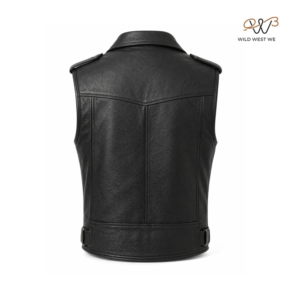 Men’s Black Biker Leather Vest Asymmetrical Zip Belted