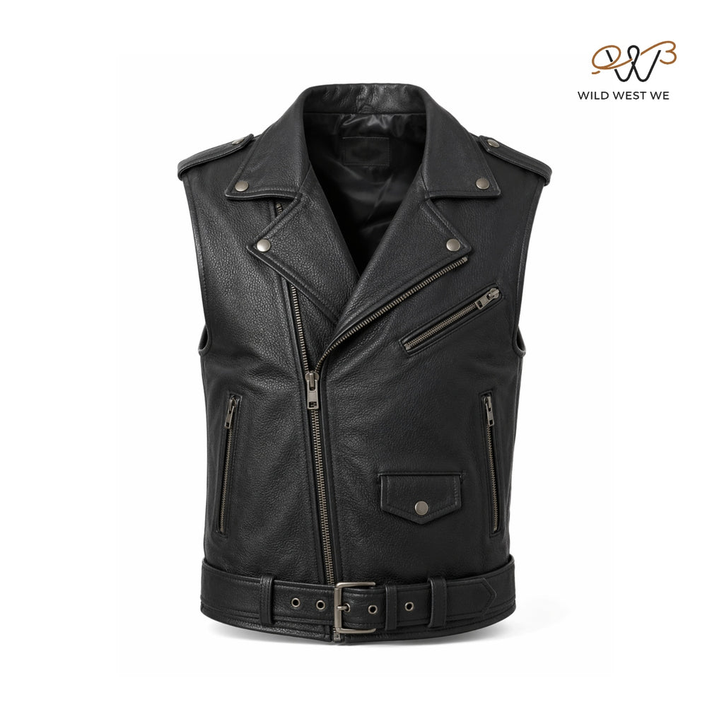 Men’s Black Biker Leather Vest Asymmetrical Zip Belted