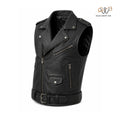 Men’s Black Biker Leather Vest Asymmetrical Zip Belted