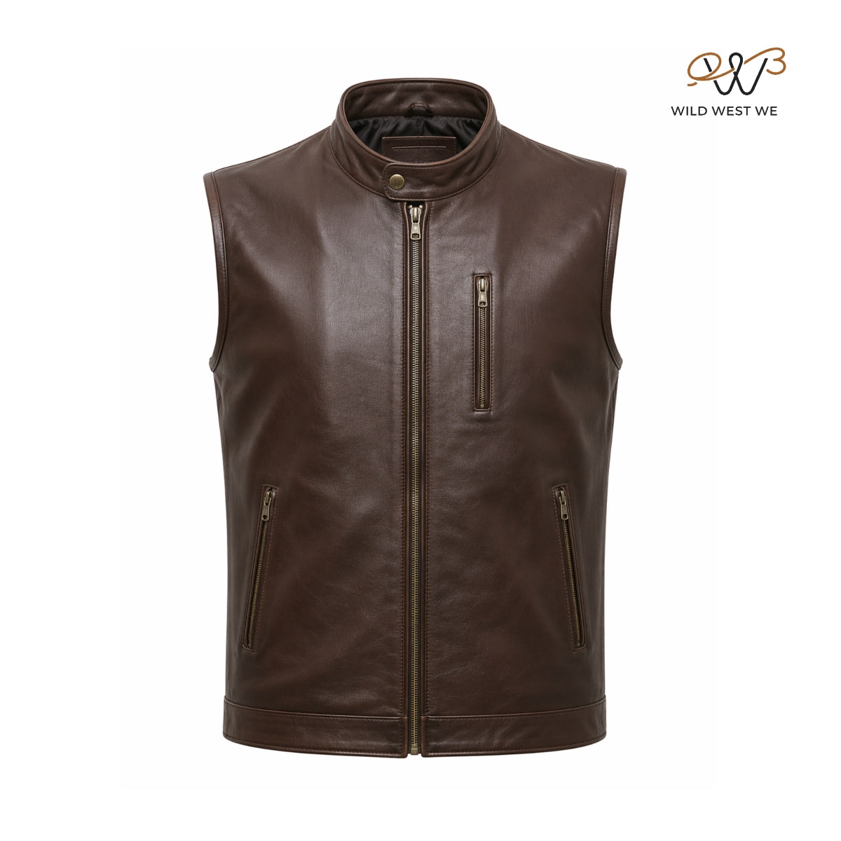 Men’s Brown Café Racer Leather Vest Zip Front