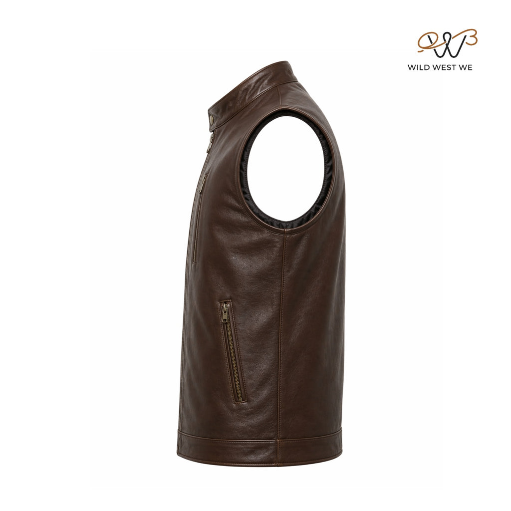 Men’s Brown Café Racer Leather Vest Zip Front