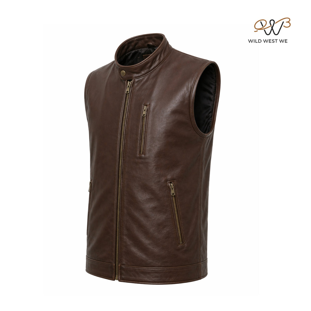 Men’s Brown Café Racer Leather Vest Zip Front